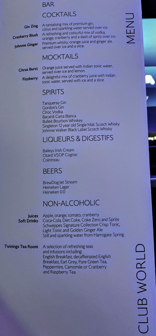 British Airways B777 Club Suites cocktails menu