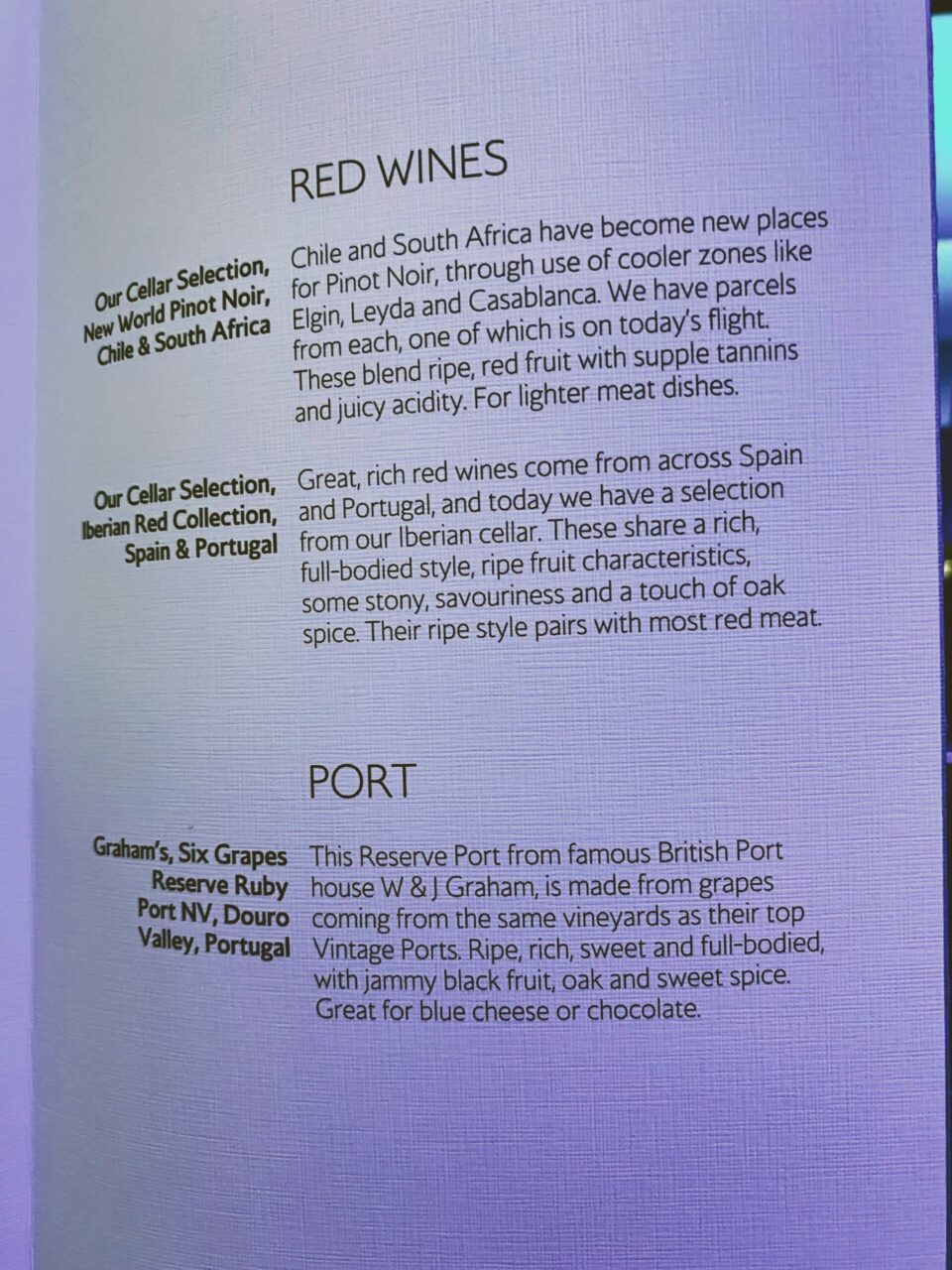 British Airways B777 Club Suites red wine menu