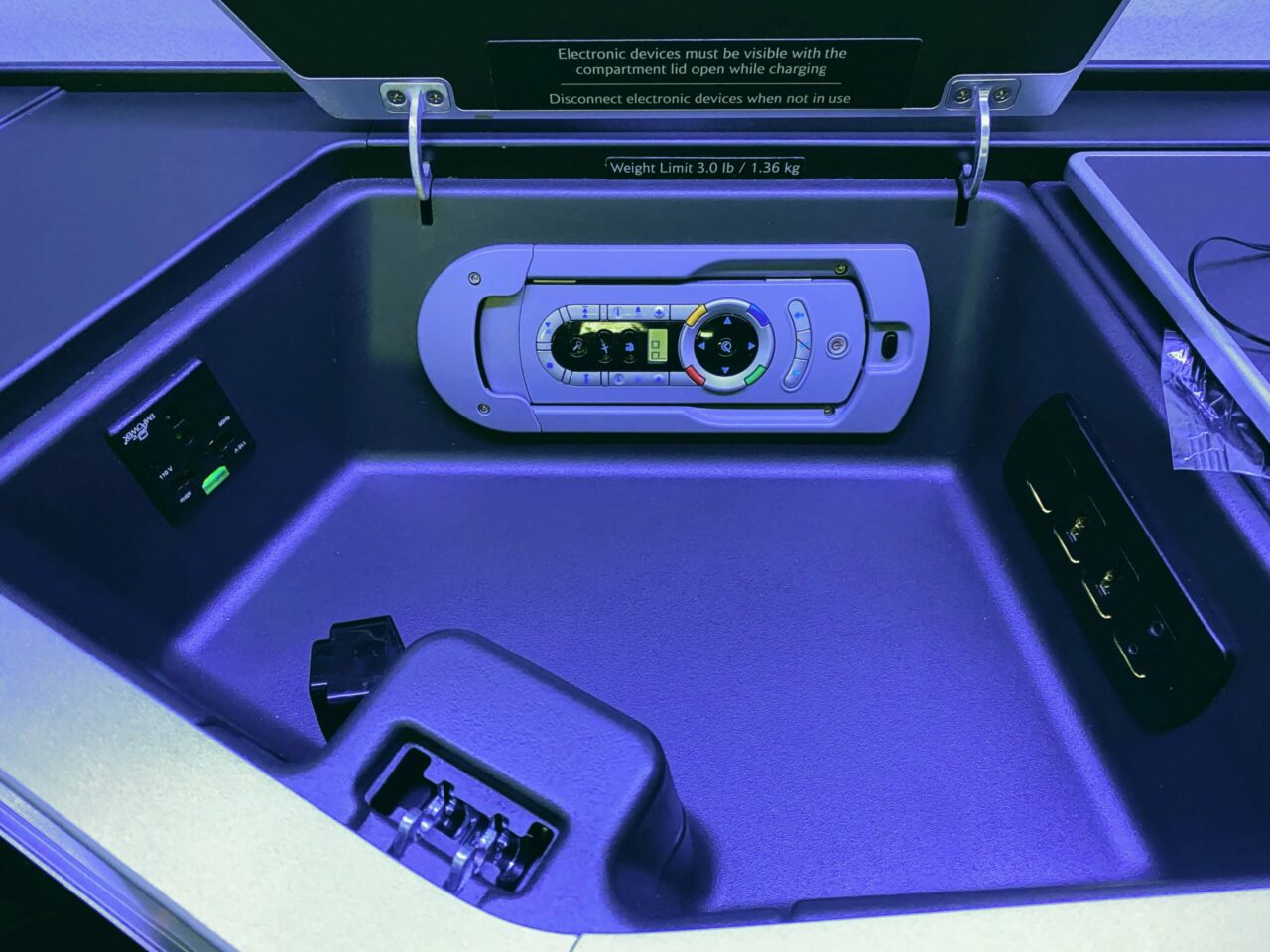 British Airways B777 Club Suites large storage compartment