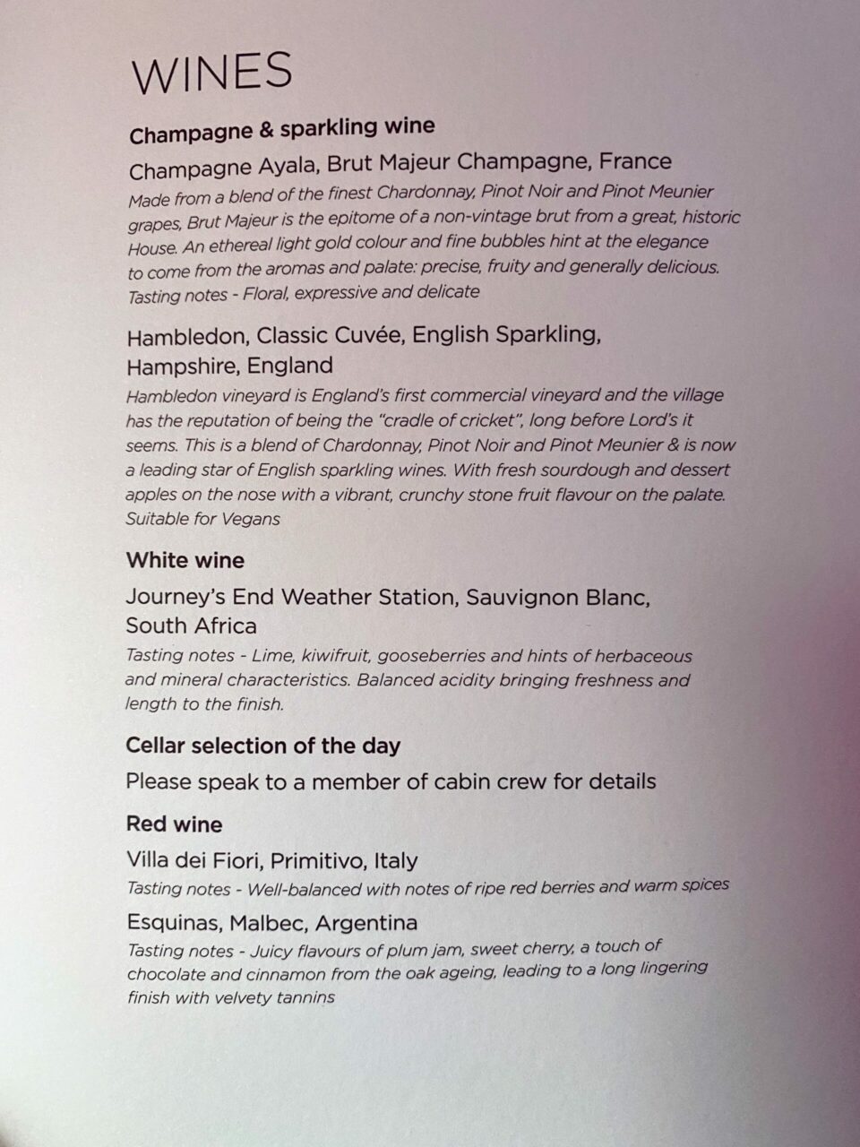 Virgin Atlantic Upper Class B787 wines 