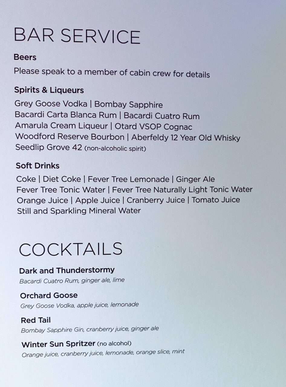 Virgin Atlantic Upper Class B787 menu 