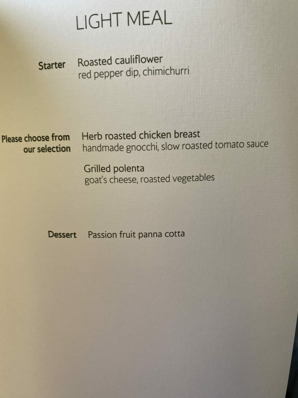 British Airways Club World B777-300ER Light Meal Menu 