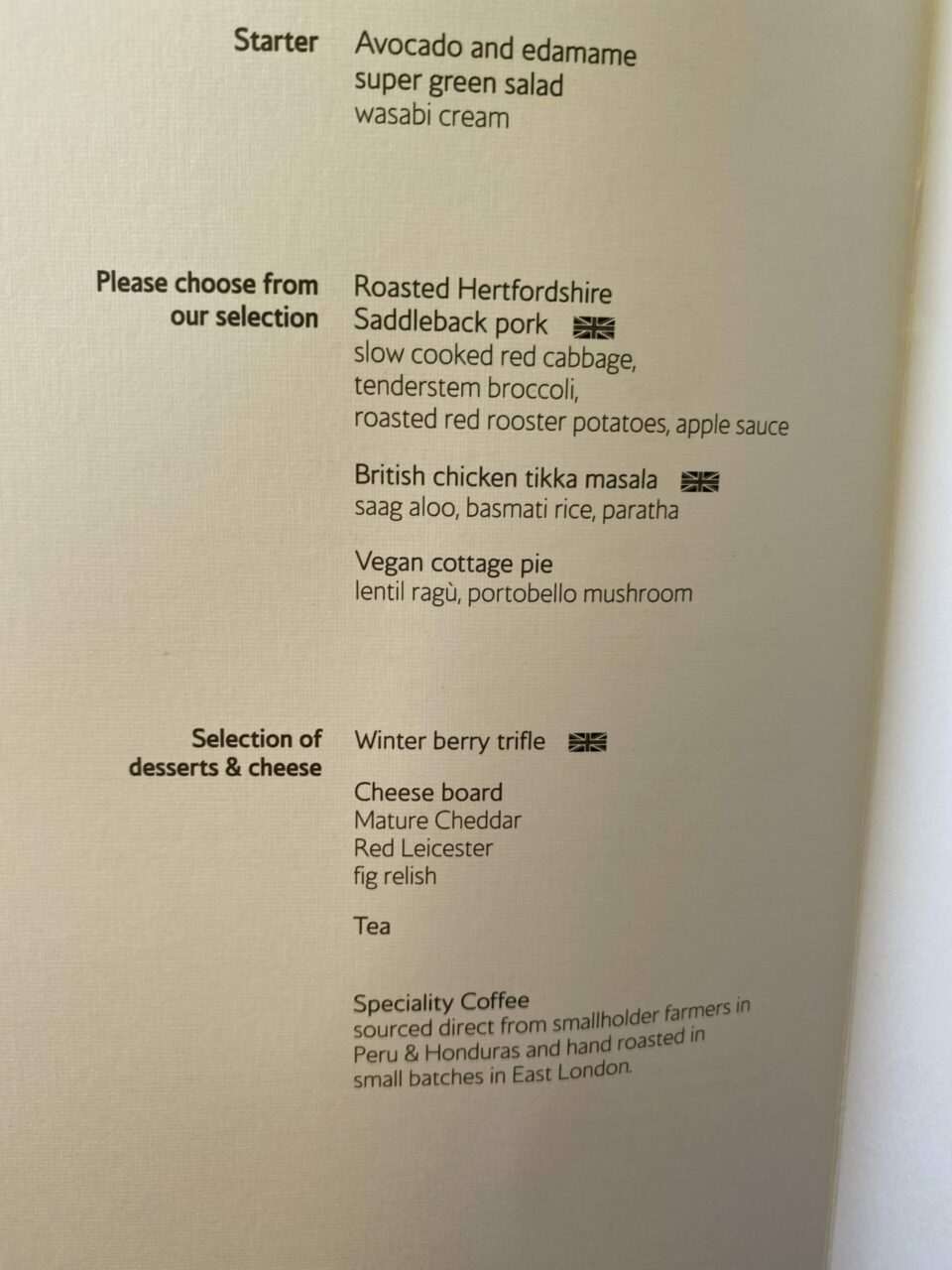 British Airways Club World B777-300ER lunch menu 