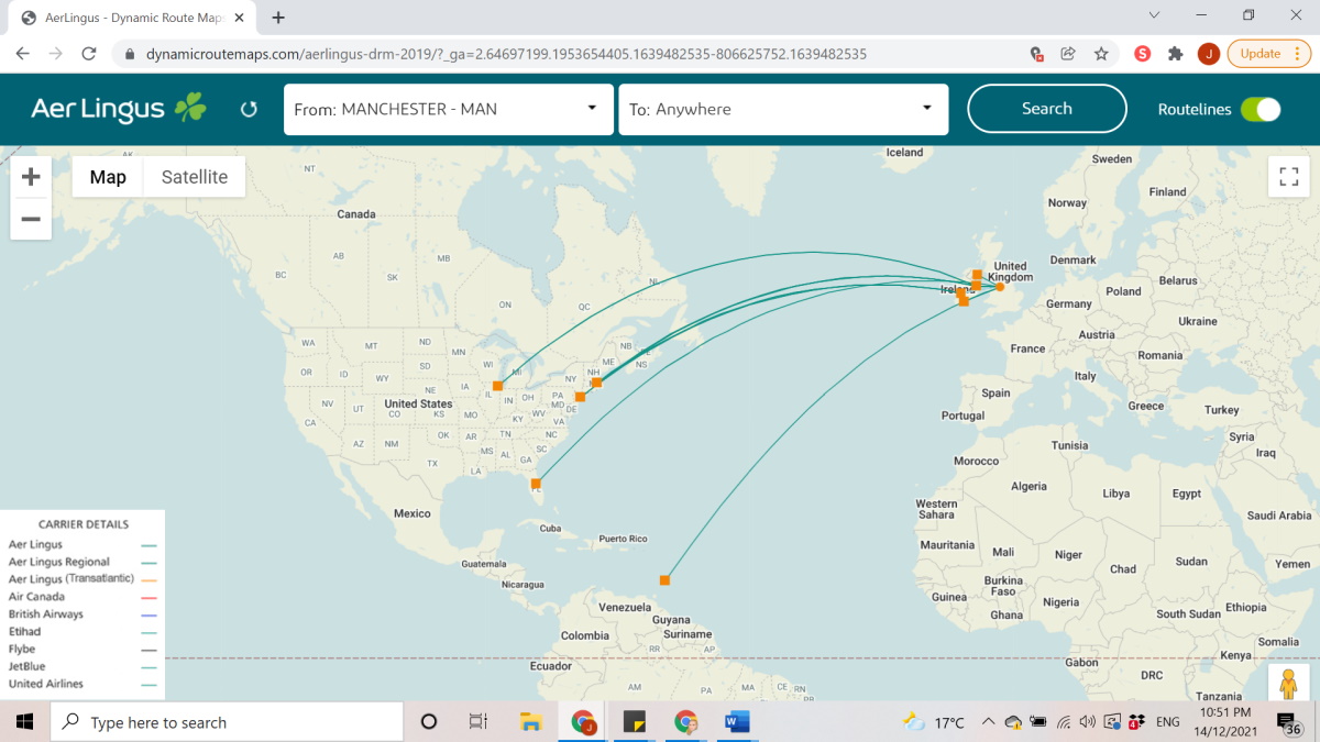 Aer Lingus A330 route map