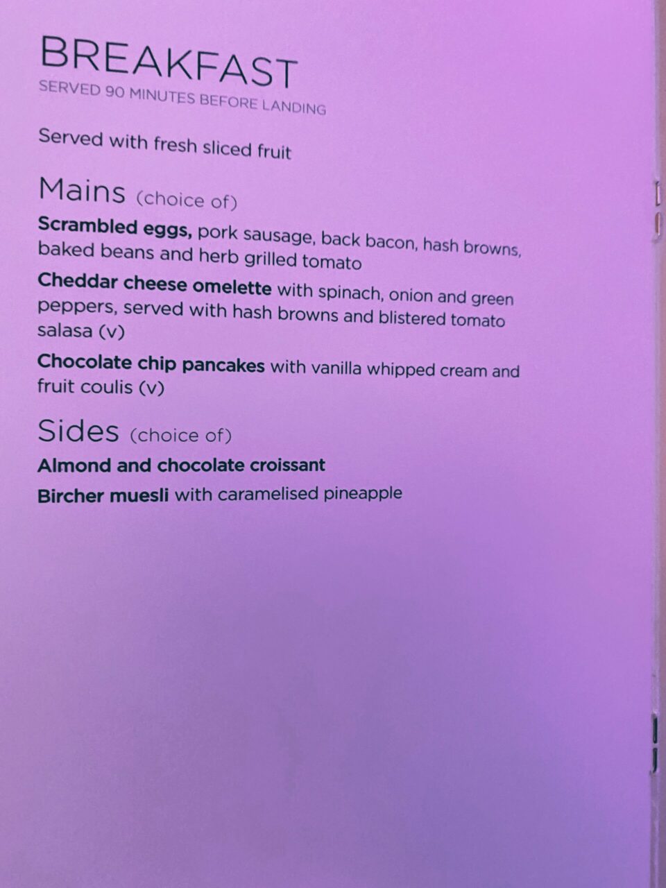 Virgin Atlantic B787 Upper Class breakfast menu 