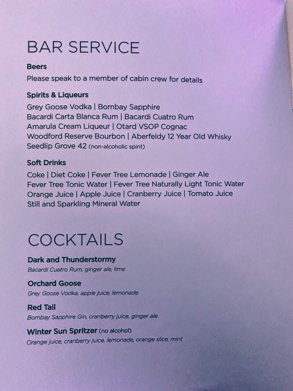 Bar Service Menu