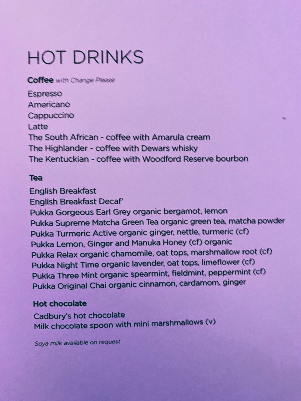 Virgin Atlantic B787 Upper Class hot drinks menu 