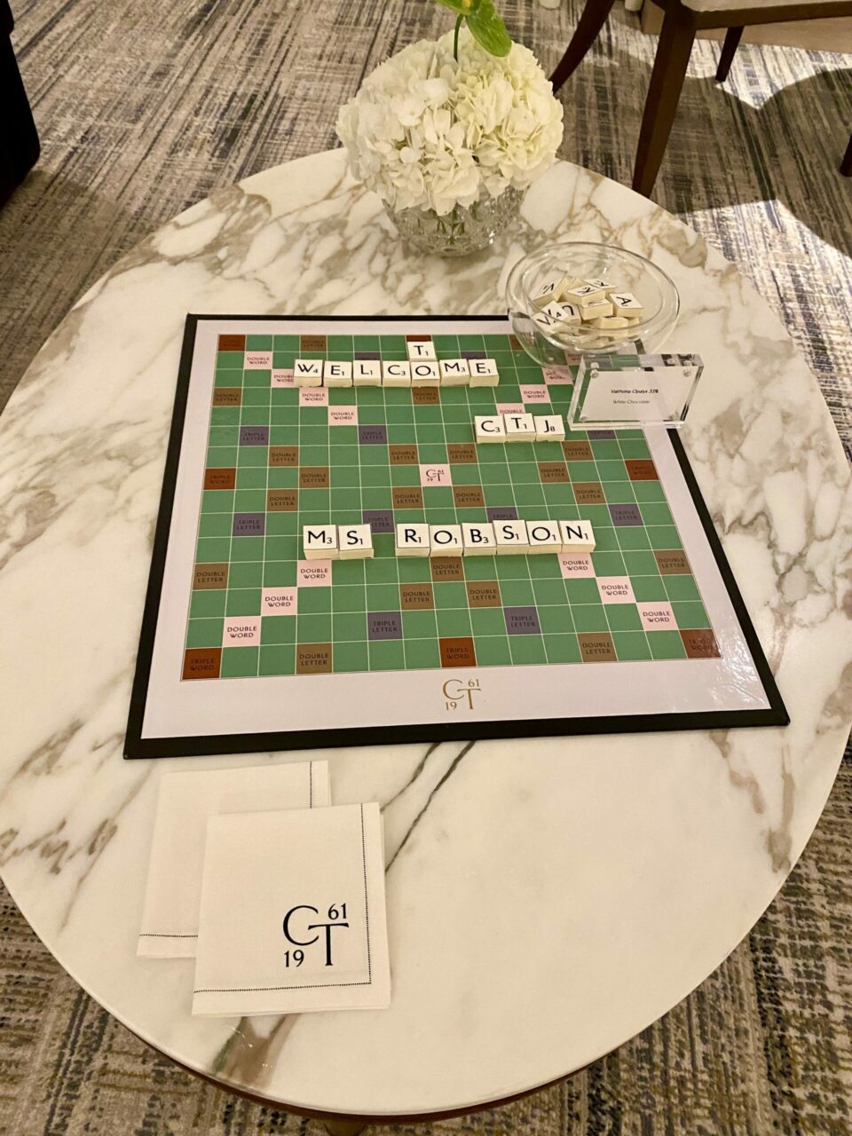 The Carlton Tower Jumeirah hotel Scrabble welcome letter