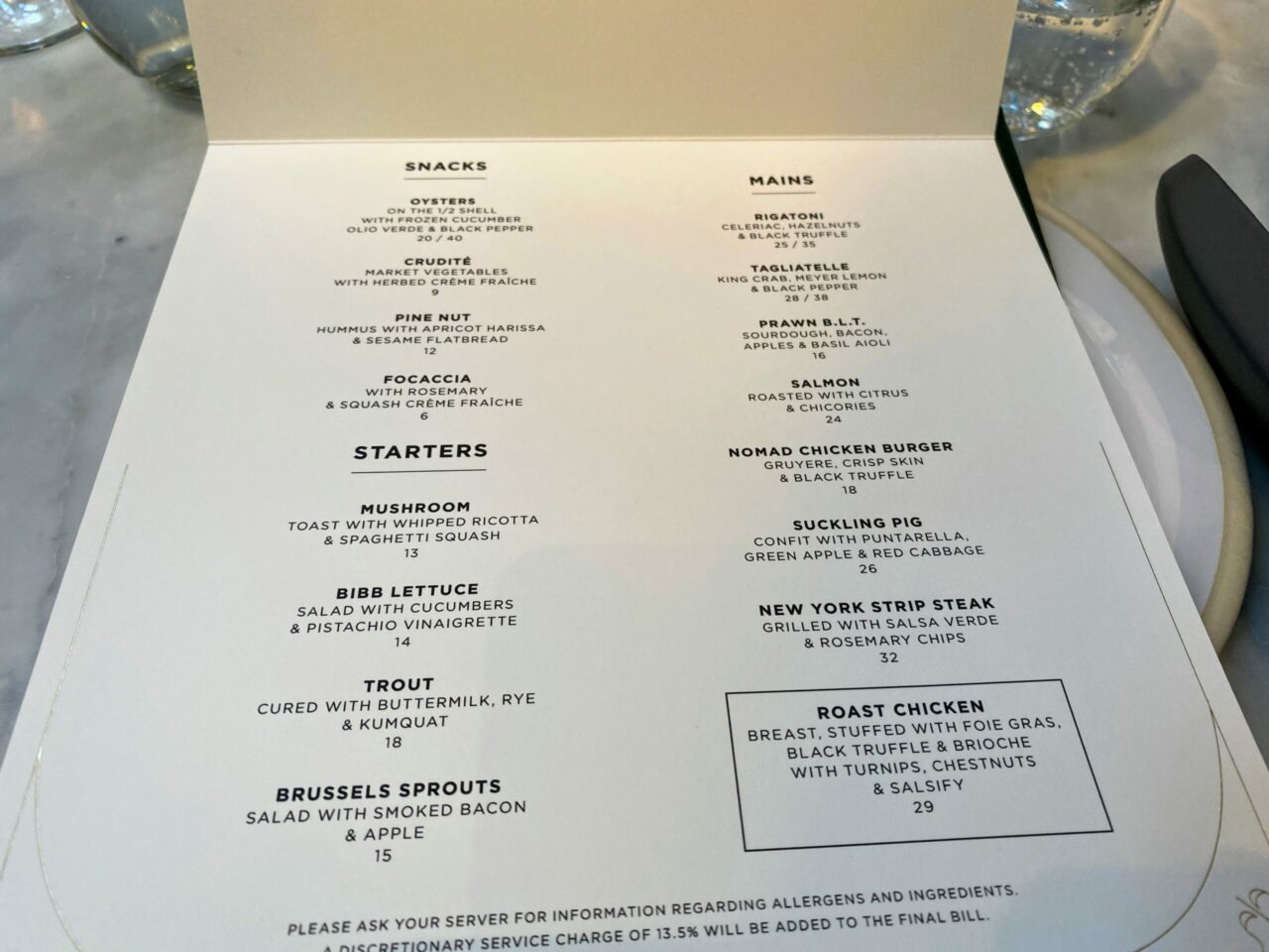 NoMad Hotel London Restaurant Menu