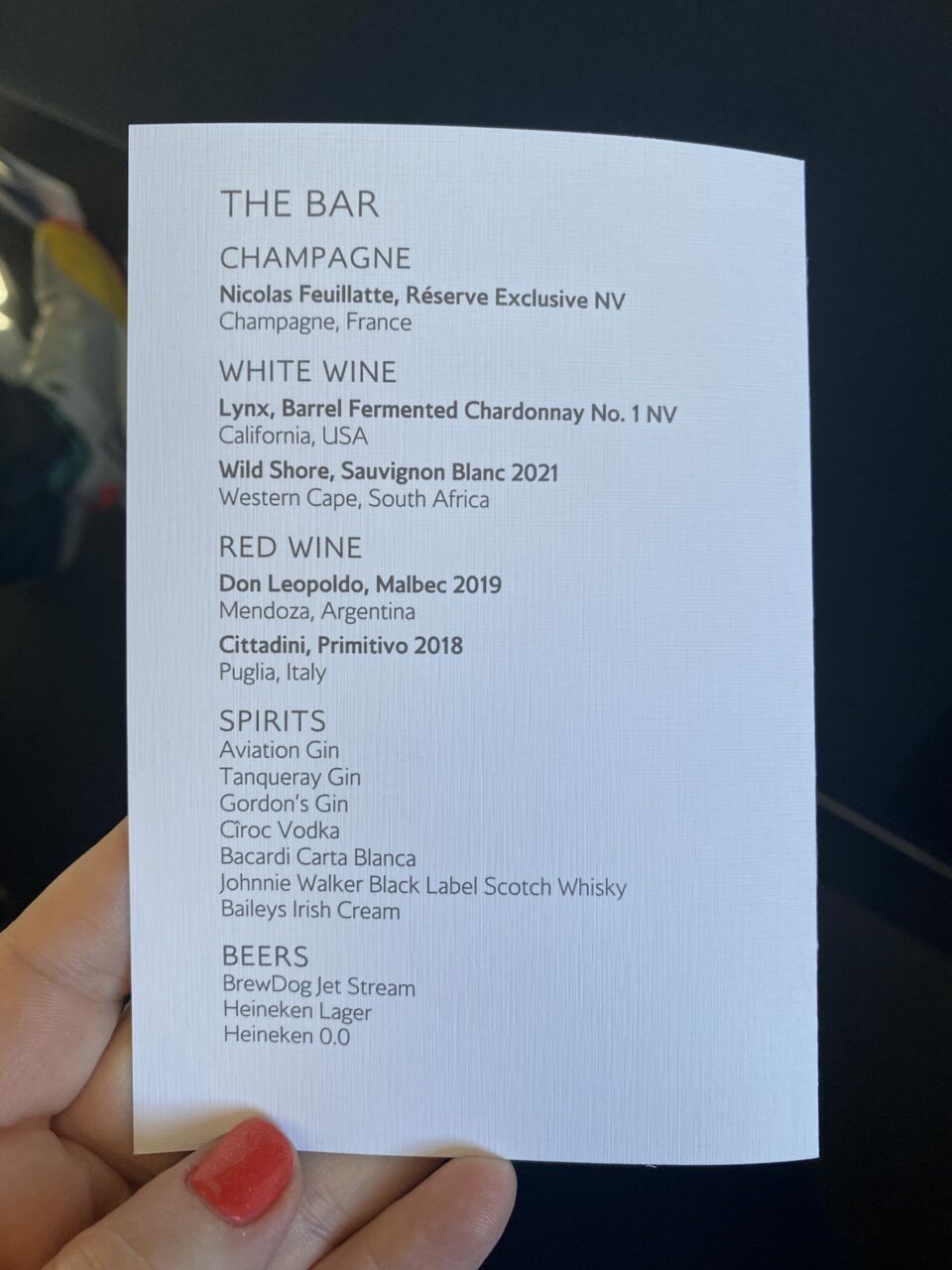 British Airways Club Europe meals in 2022 The Bar Menu 