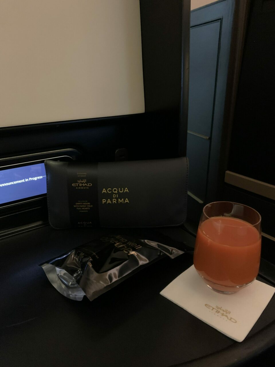 Etihad business class welcome drink 