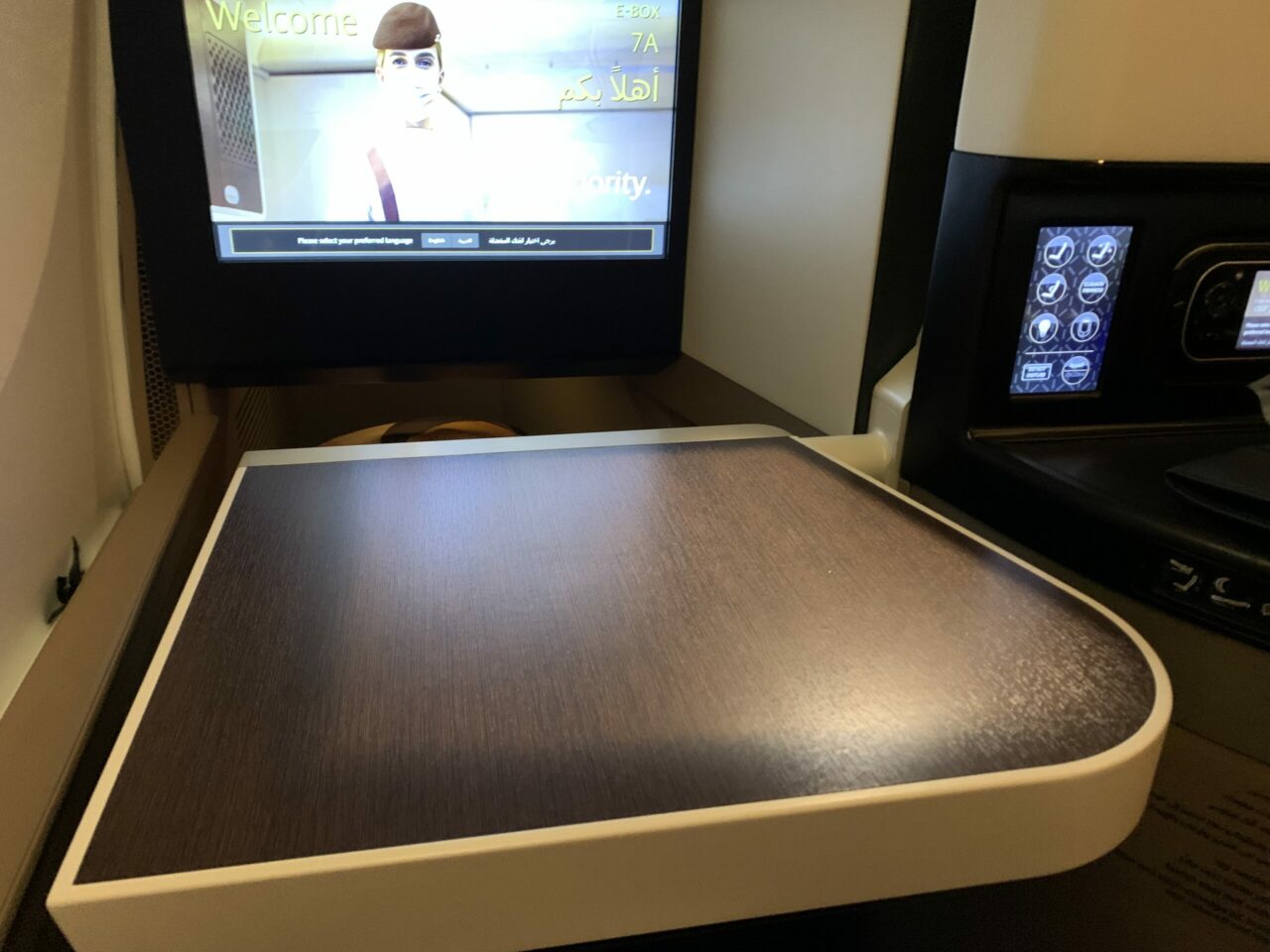 Etihad business class IFE Screen desk 