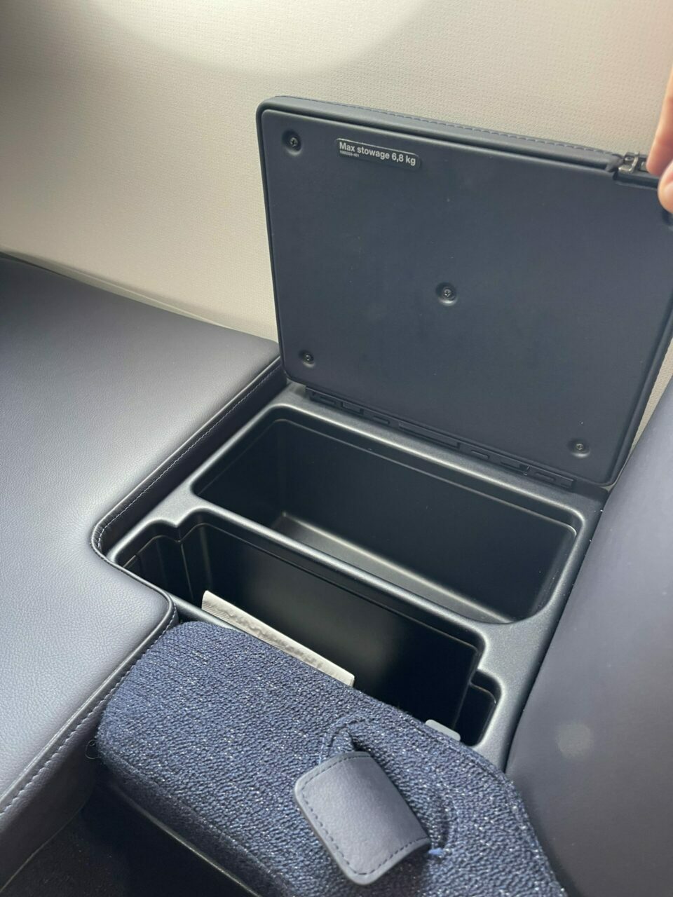 Finnair new A350 non reclining long haul business class storage area 