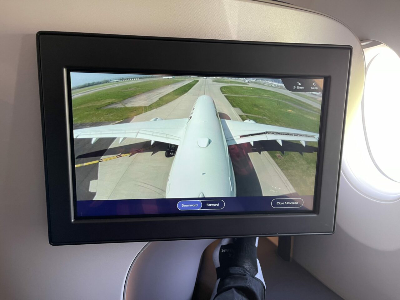 Finnair new A350 non reclining long haul business class IFE Screen showing the aircraft 