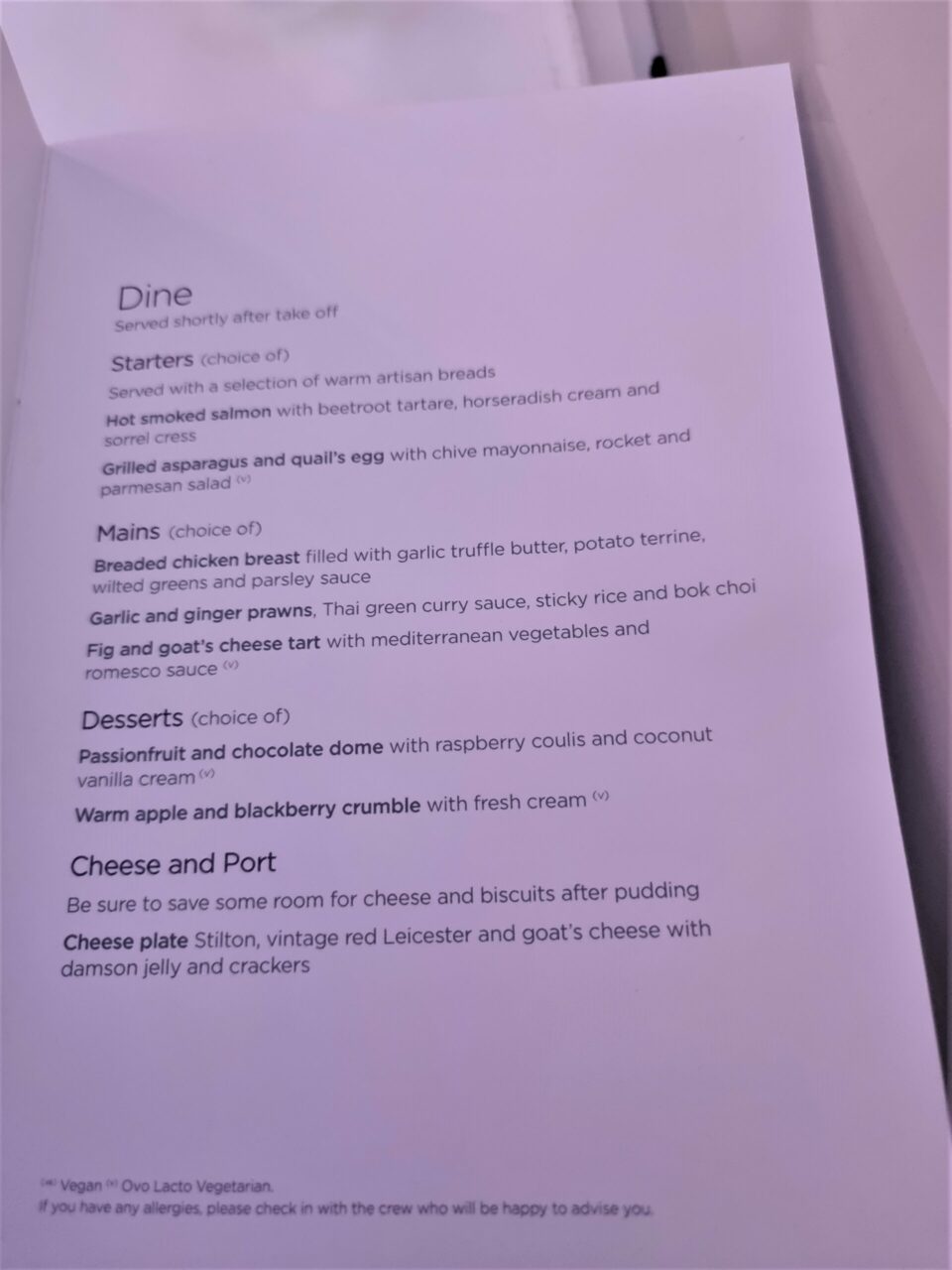 Virgin Atlantic Upper Class Cabin Menu 