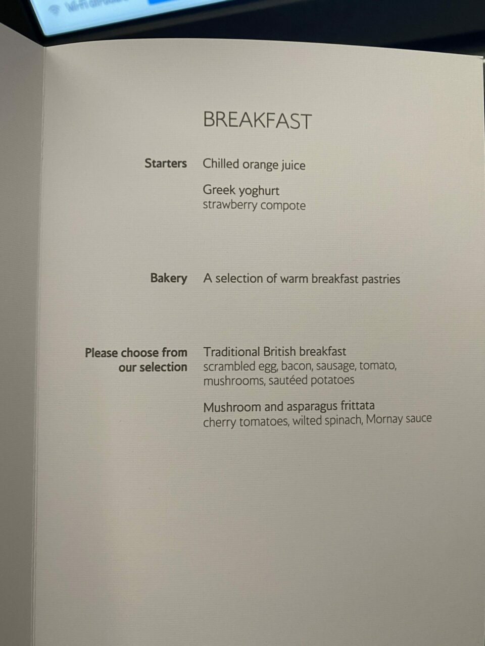 British Airways A350: Club Suite Breakfast Menu 