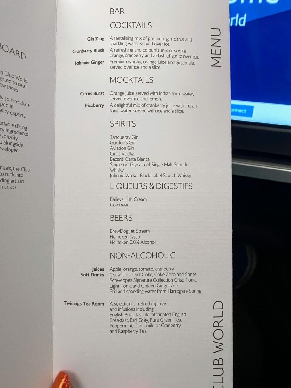 British Airways A350: Club Suite Bar and Cocktails Menu 