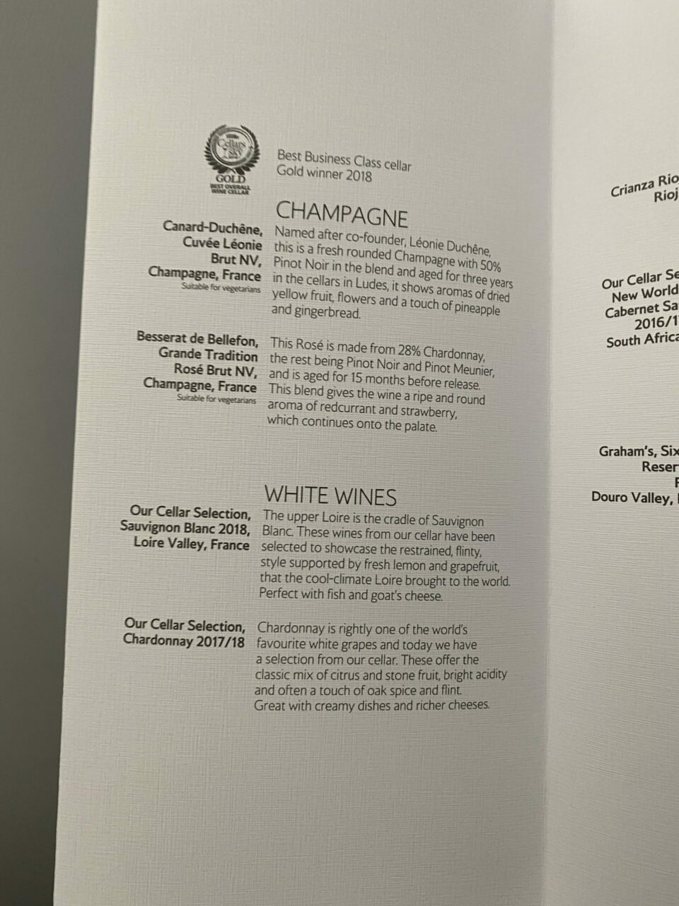 British Airways A350: Club Suite menu