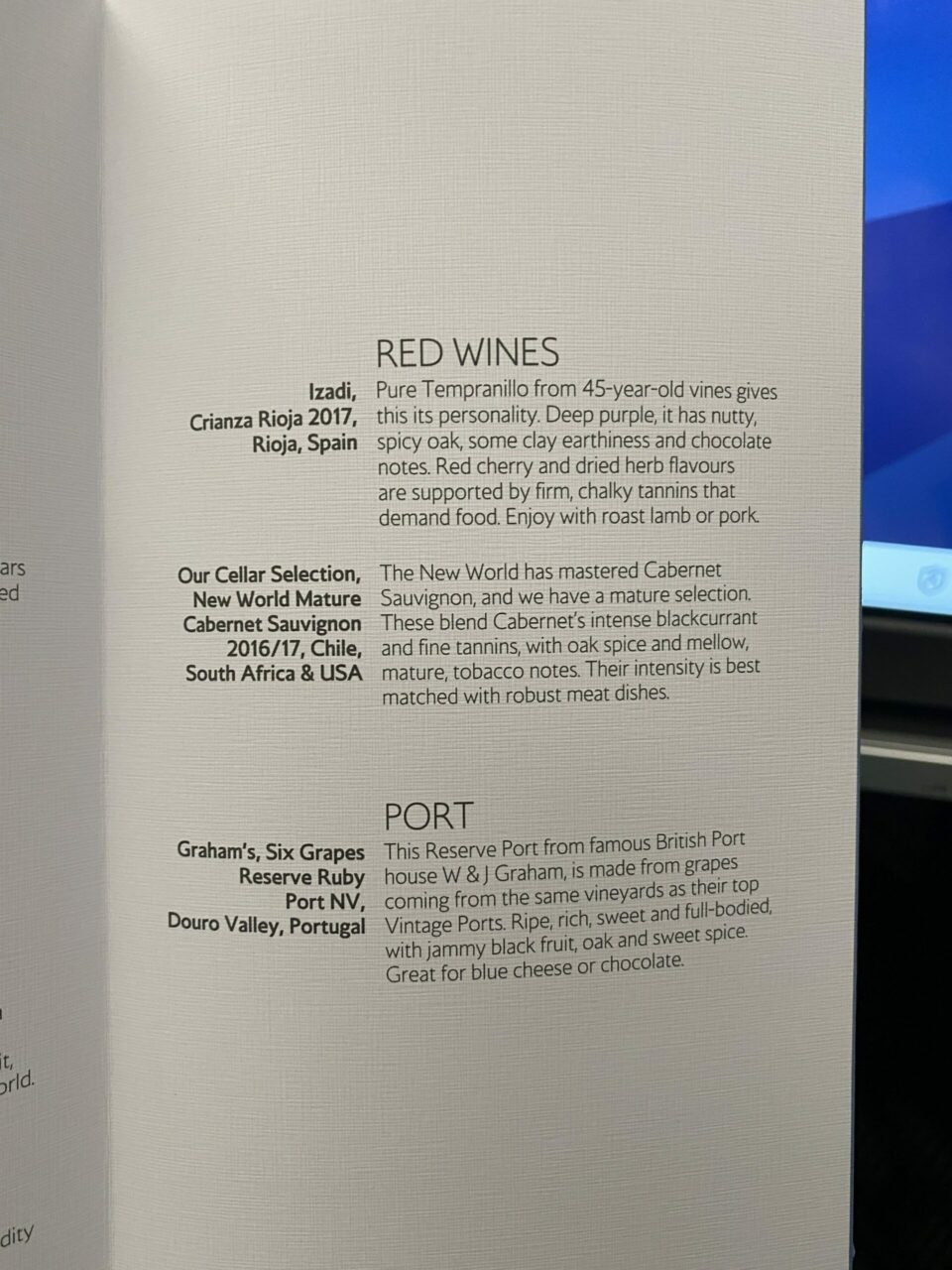 British Airways A350: Club Suite red wines menu