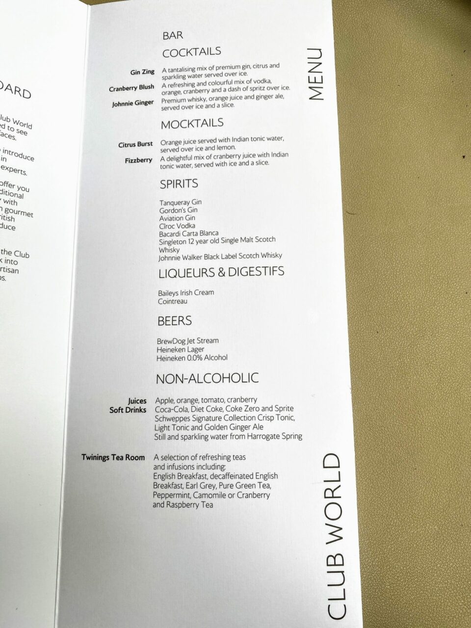 British Airways A350 Club Suite menu