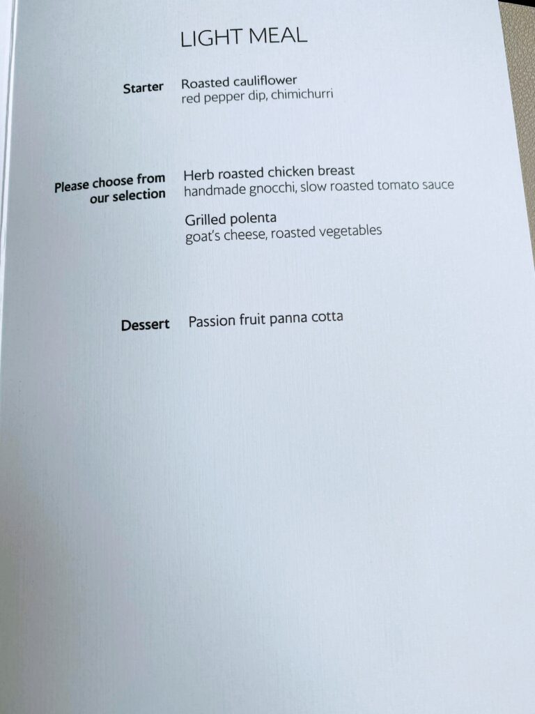 British Airways A350 Club Suite light meal