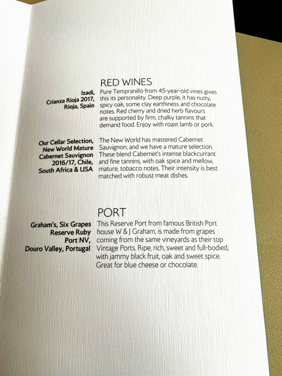 British Airways A350 Club Suite red wines