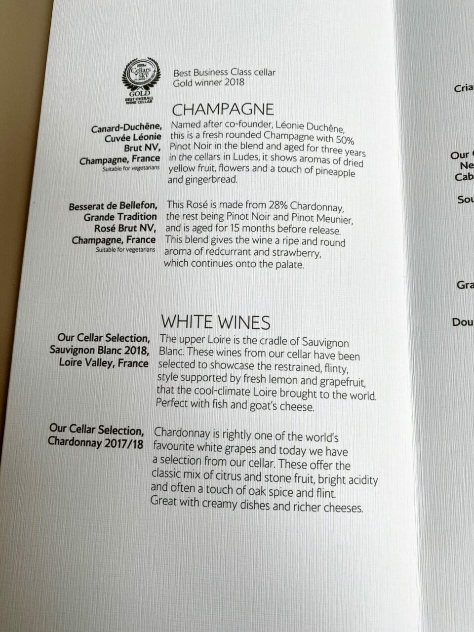 British Airways A350 Club Suite champagne menu