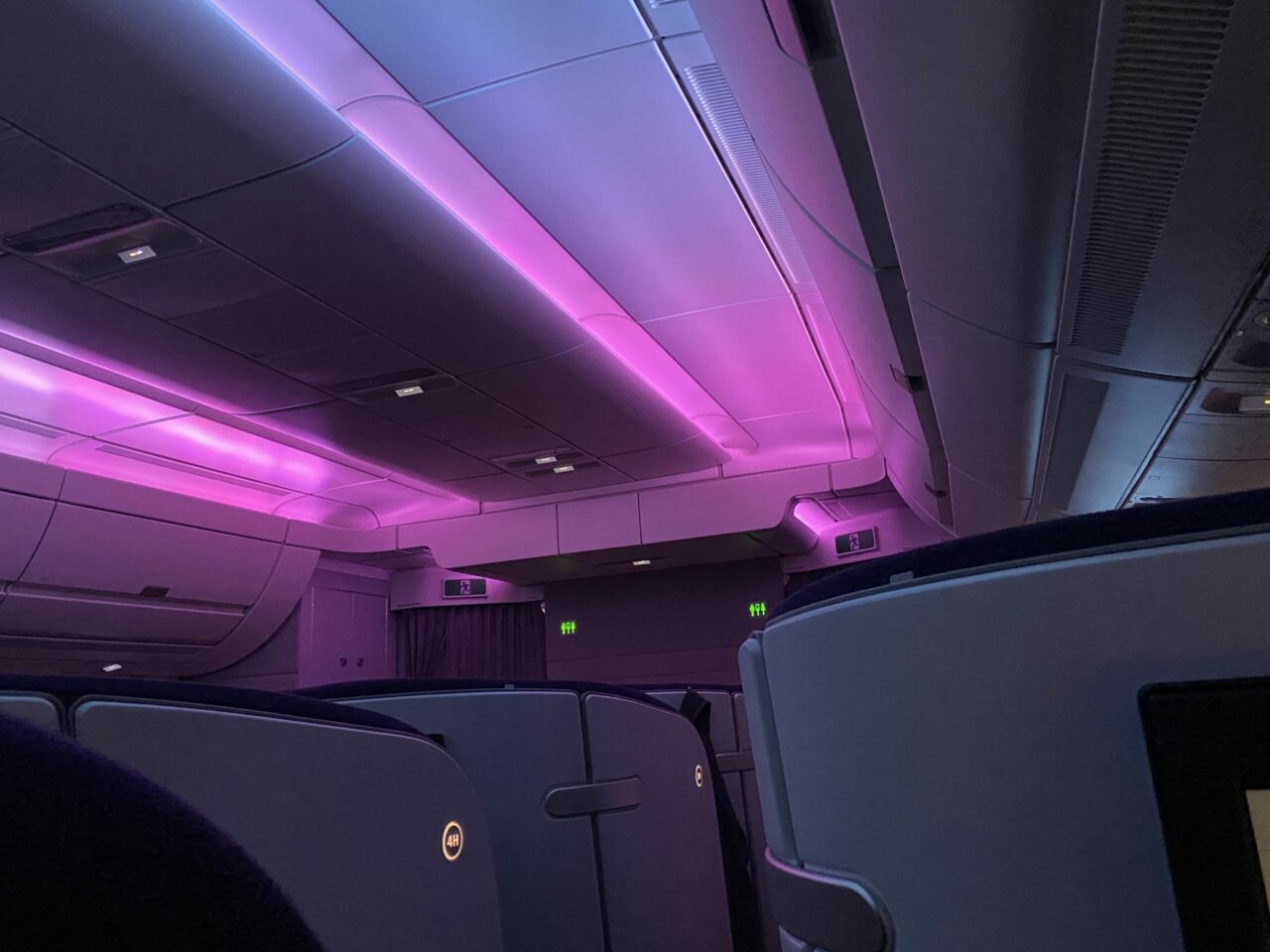 Violet Northern Lights at Finnair new A350 business class "AirLounge" non-reclining seats