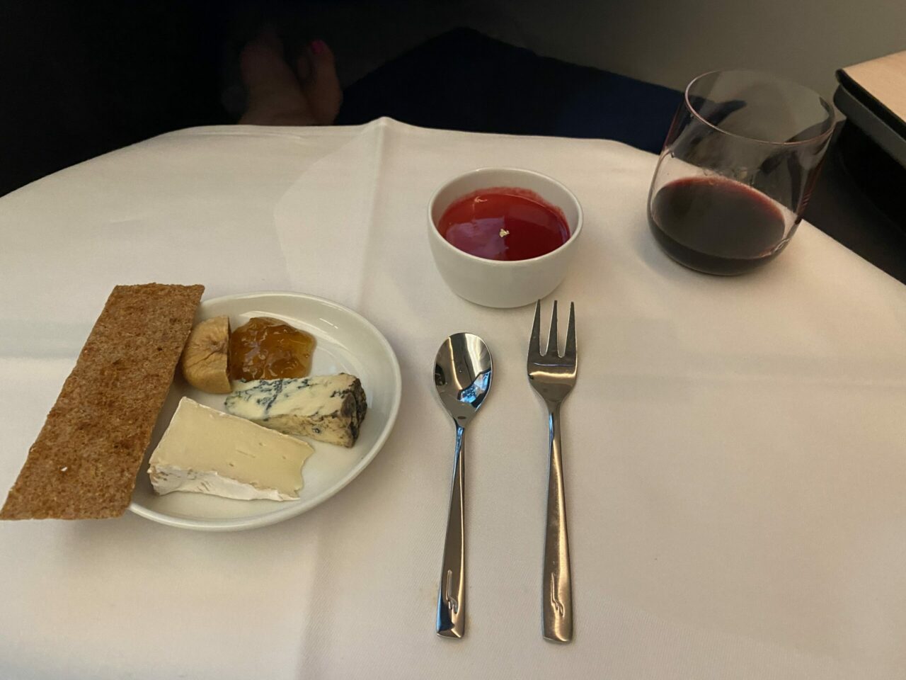 Finnair new business class cheese and red wine 