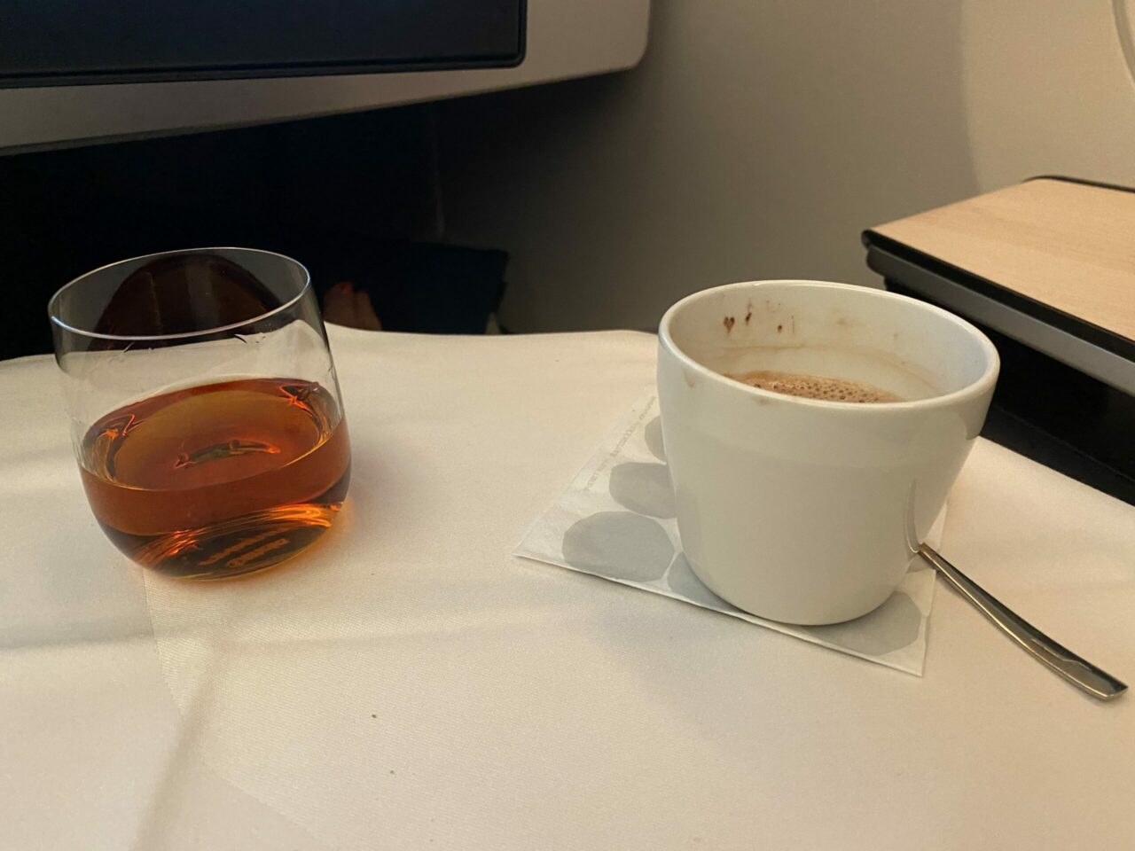 Finnair new business class coffee and cognac 