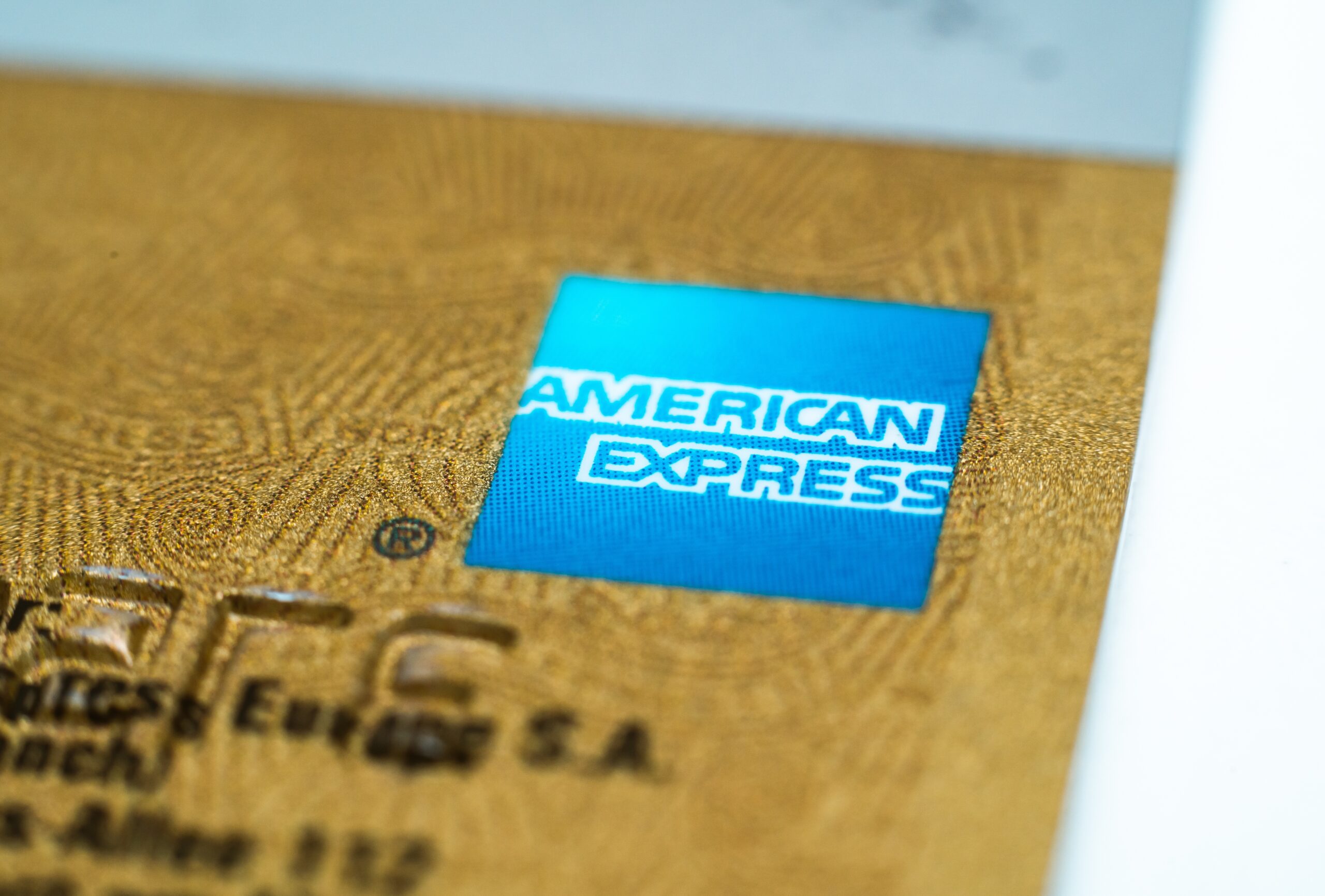 MUNICH, GERMANY - Apr 29, 2020: Closeup of an Amex credit card. American Express gold card.