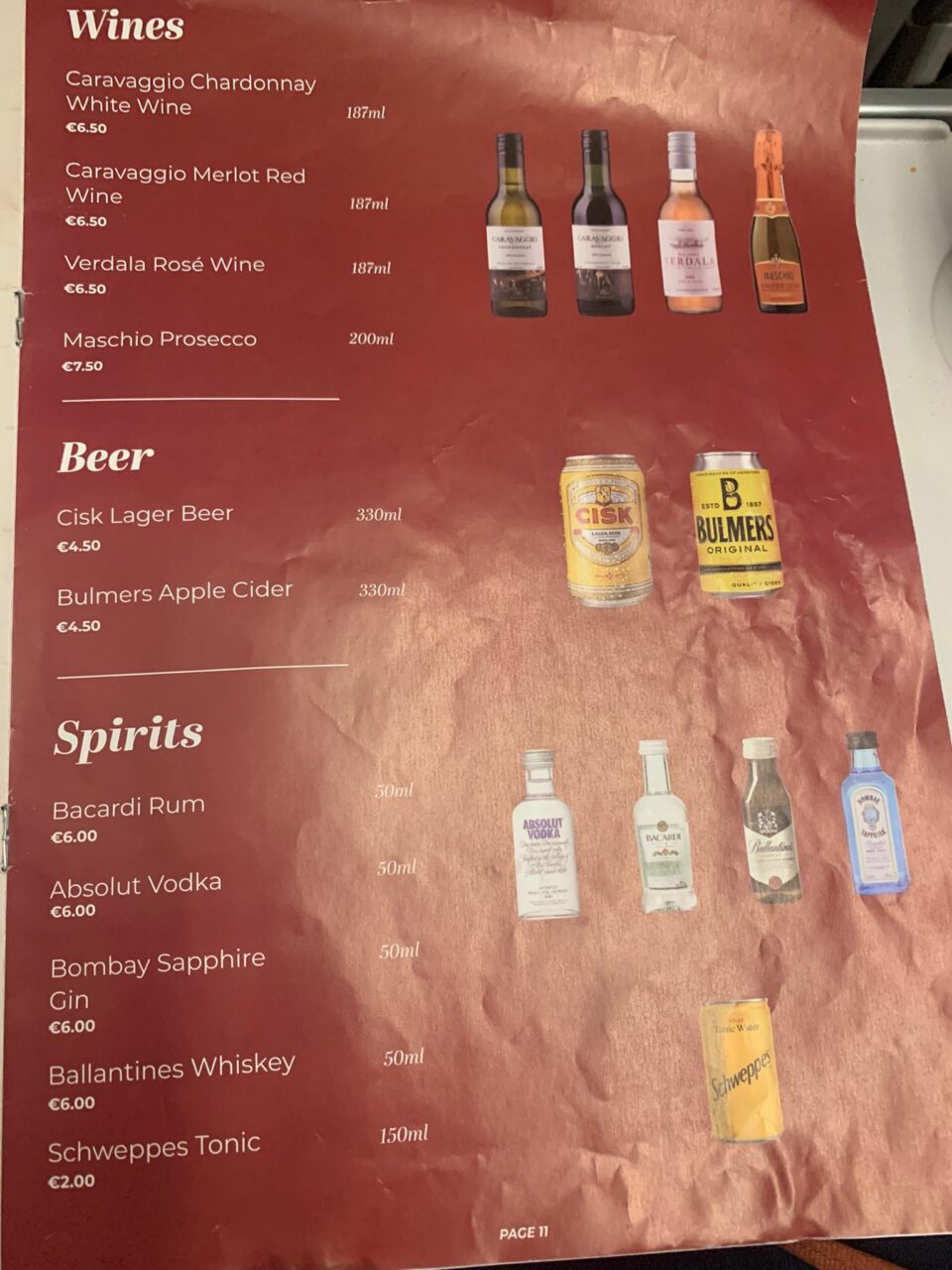 Air Malta economy class beverage menu