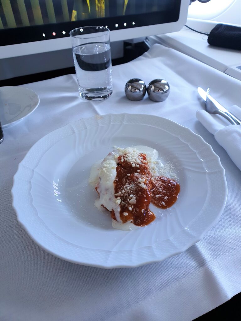 ITA Airways A350 Maiden Flight Business Class meal Pappa Al Pomodoro 