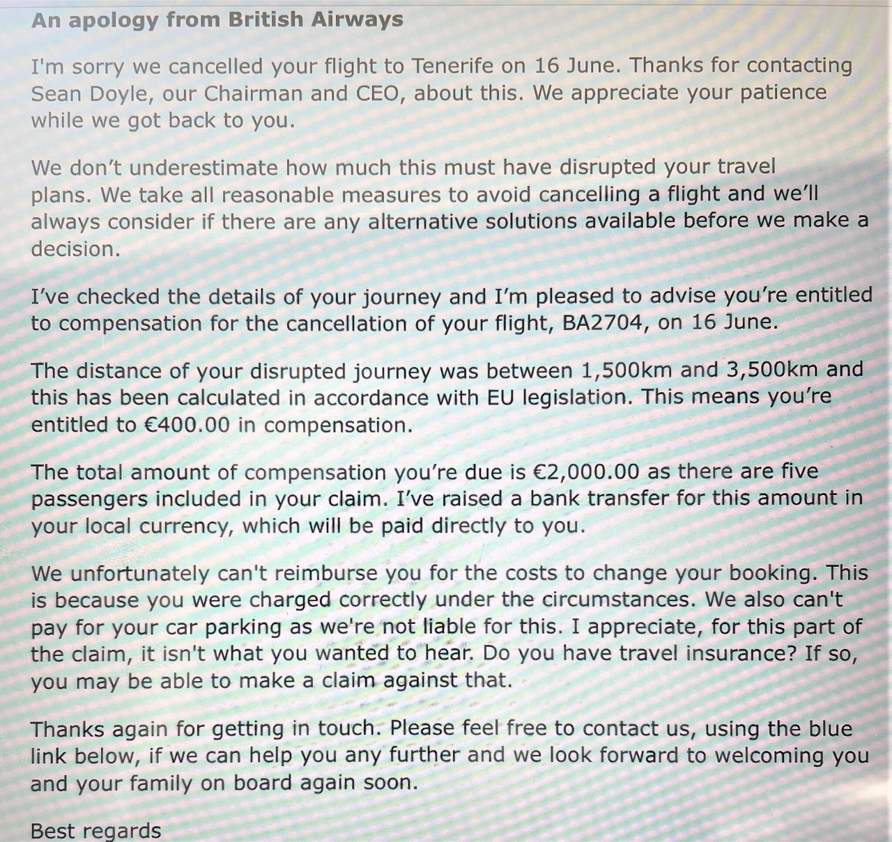 British Airways Apology for Cancelled Flight