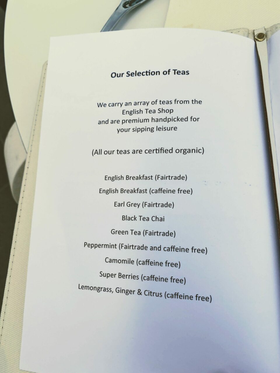 selection of teas menu