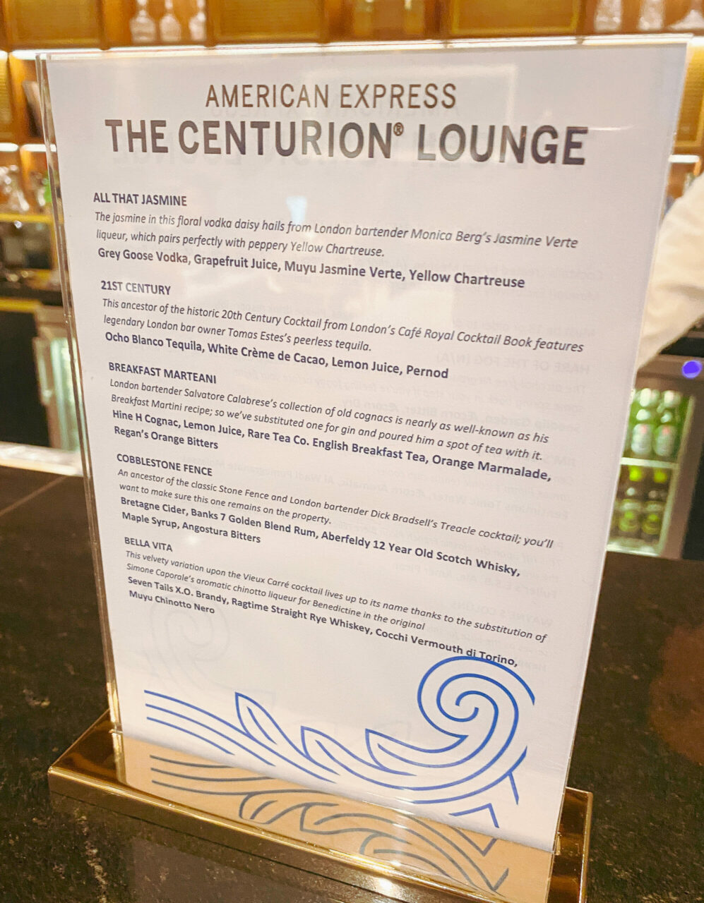 American Express Centurion lounge menu