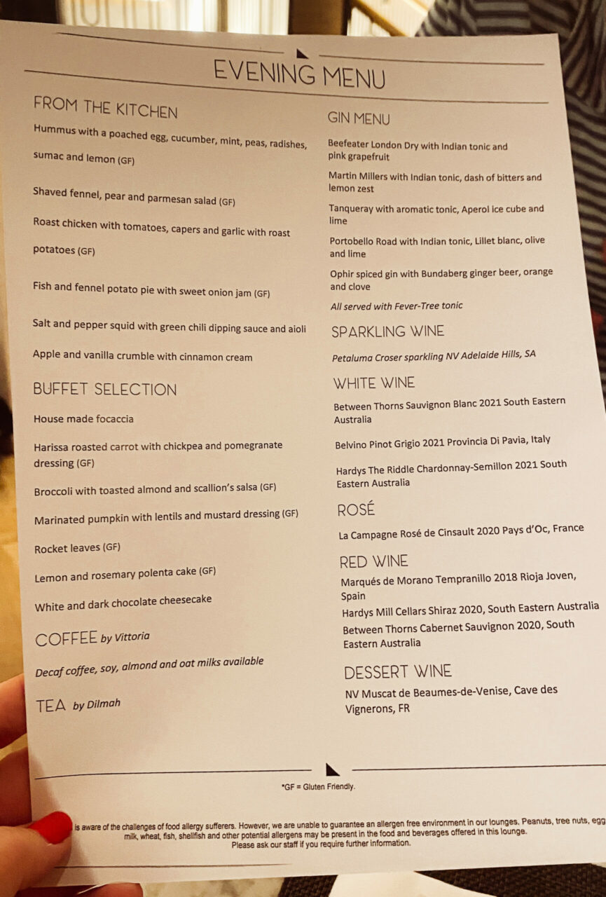 The Qantas London Lounge Evening Menu 