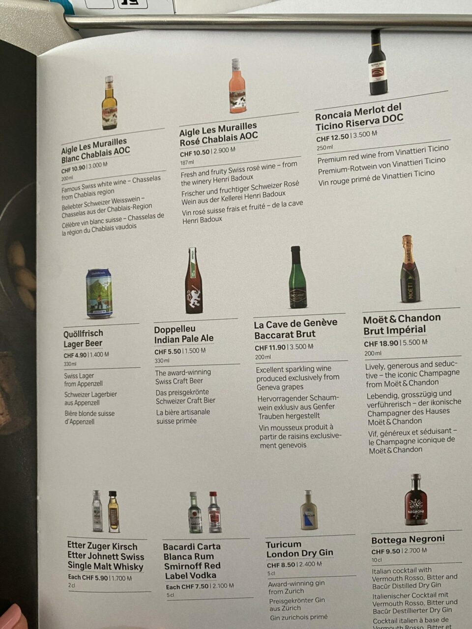 Swiss A220 economy spirits menu