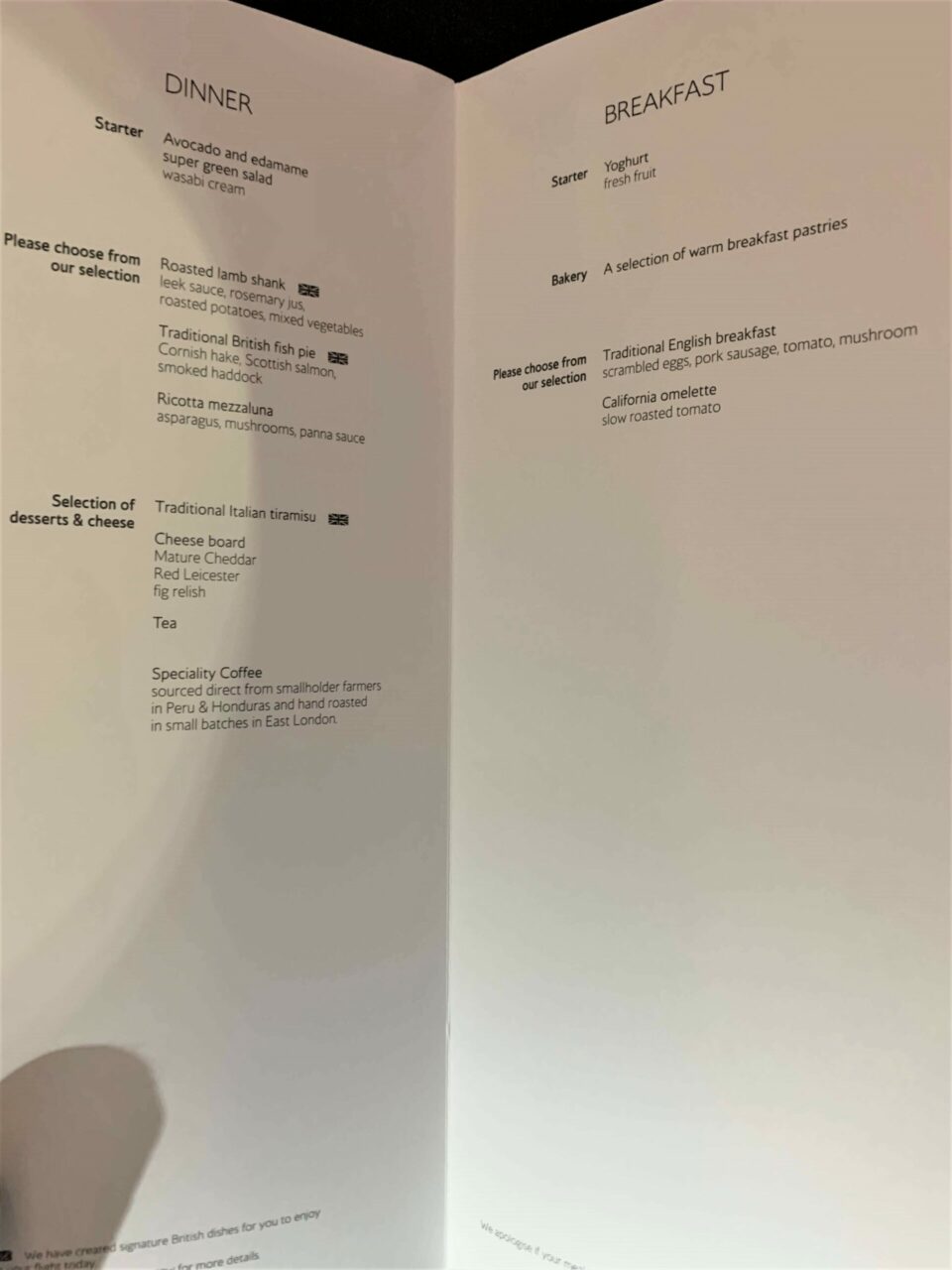 Dinner and Breakfast Menu at British Airways' Club World