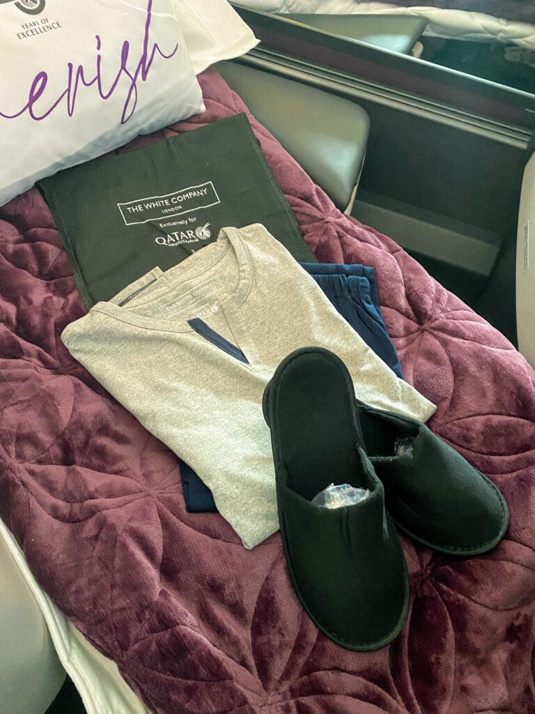 Qatar Airways' new B787-9 business class Premium Suite slippers and pyjamas 