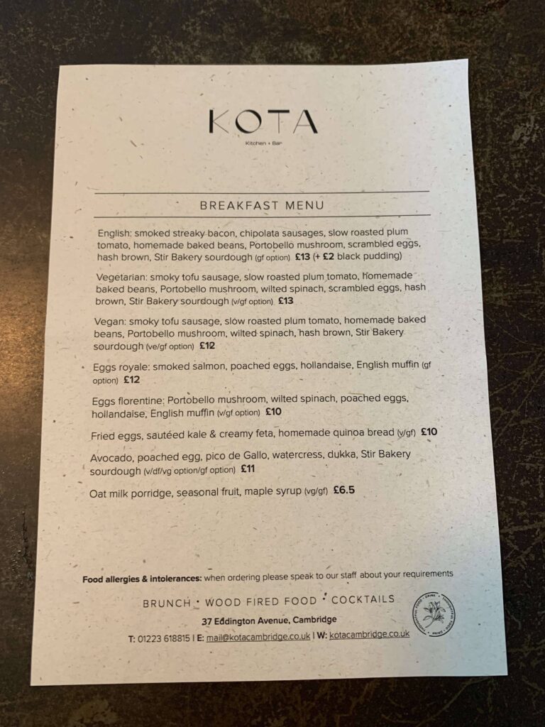 Kota Breakfast Menu 