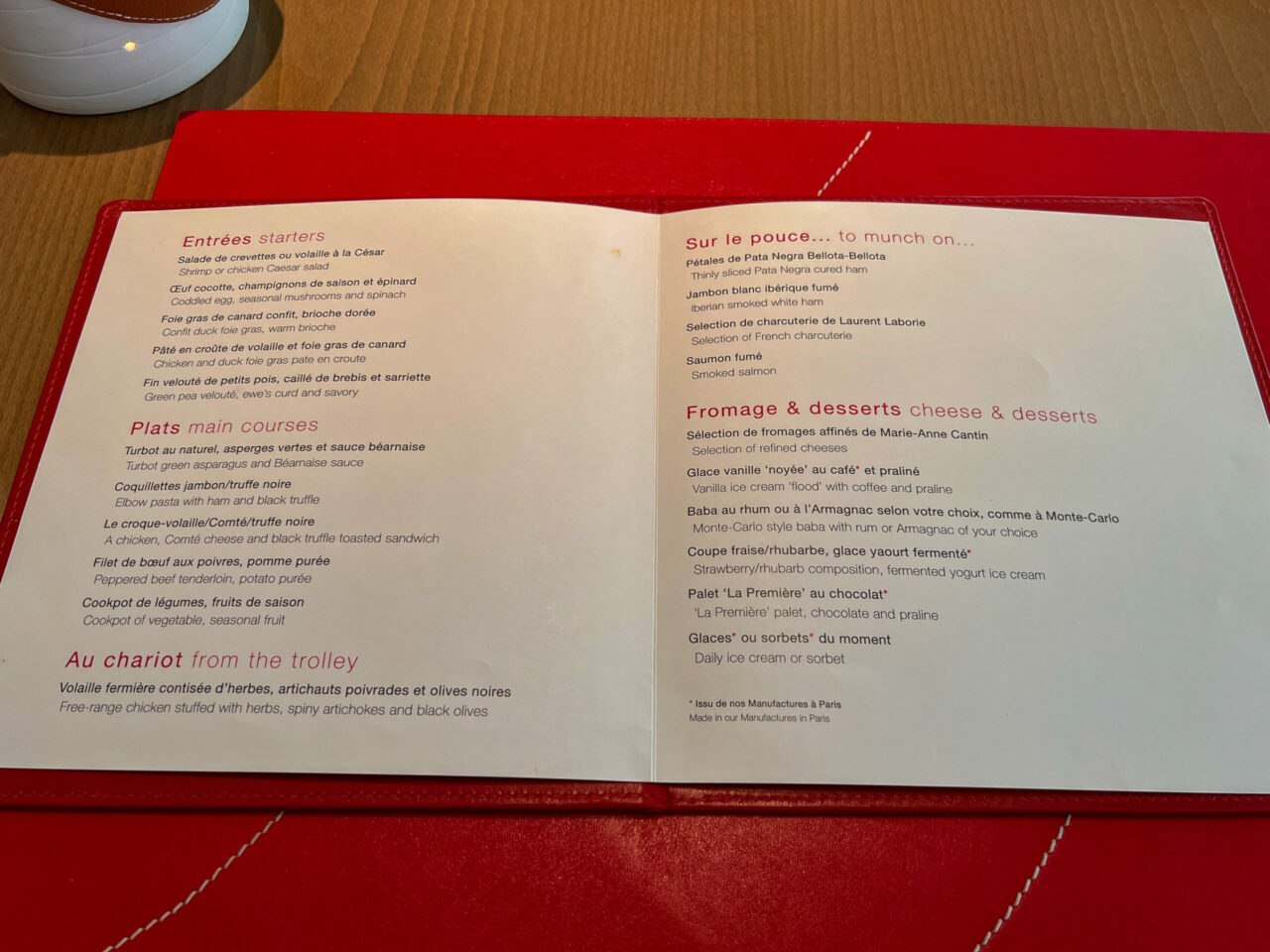 Air France La Première First Class Lounge Meal Menu