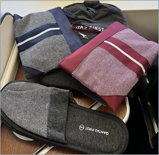 Qantas First Class Amenity kits, PJs and Slippers