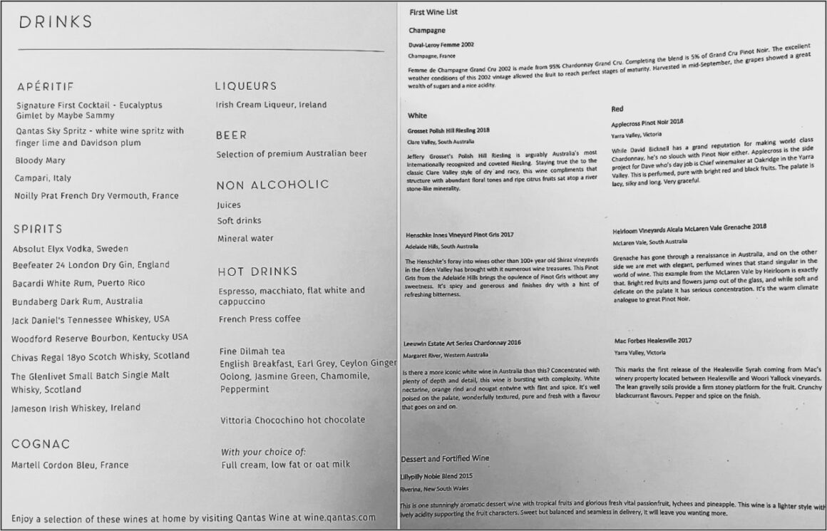 Qantas First Class menu 