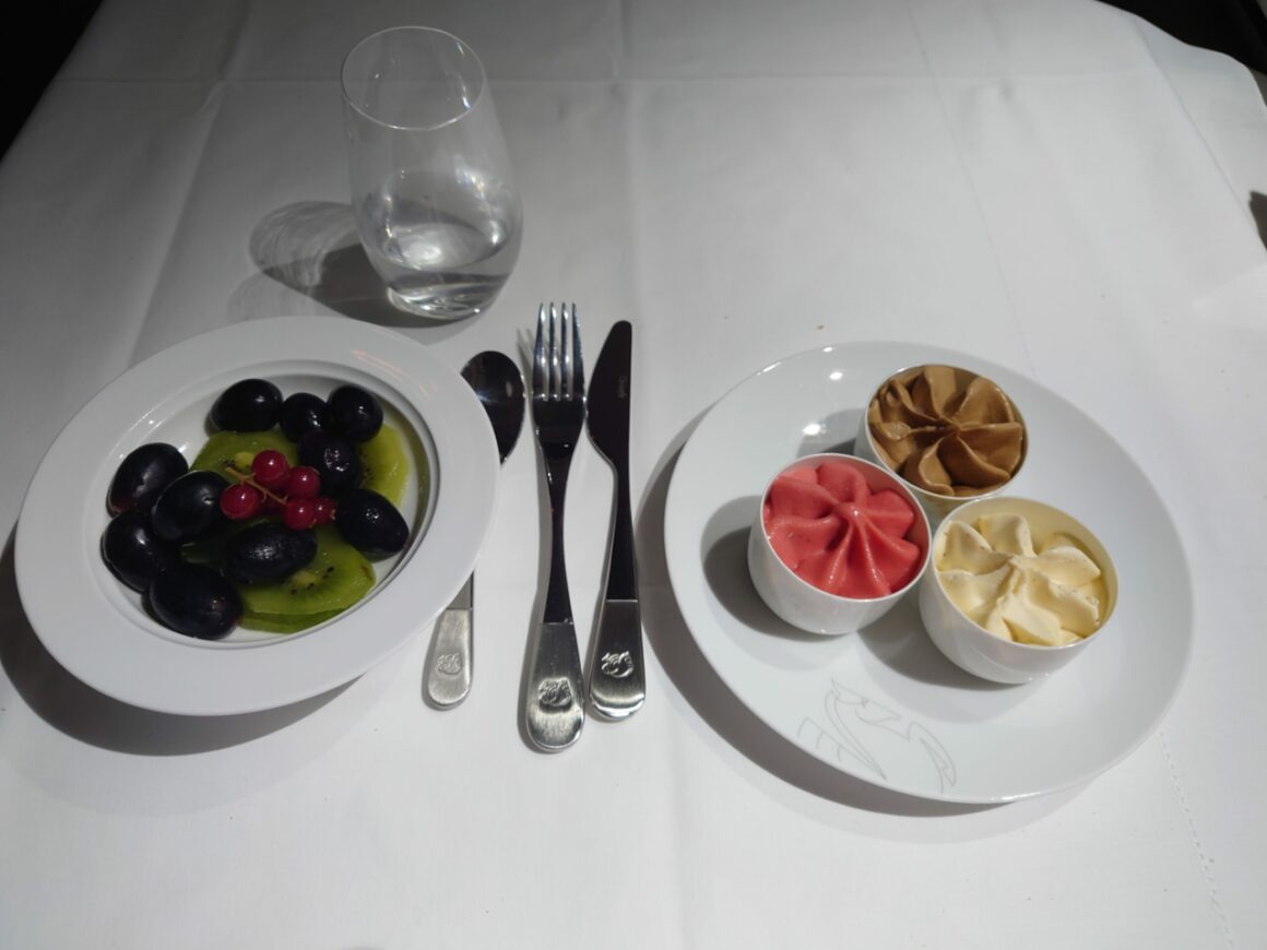 ice cream and sorbet selection alongside fresh fruits