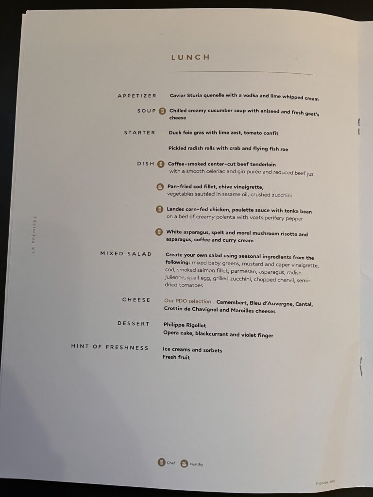 Air France La Première First Class Lunch Menu