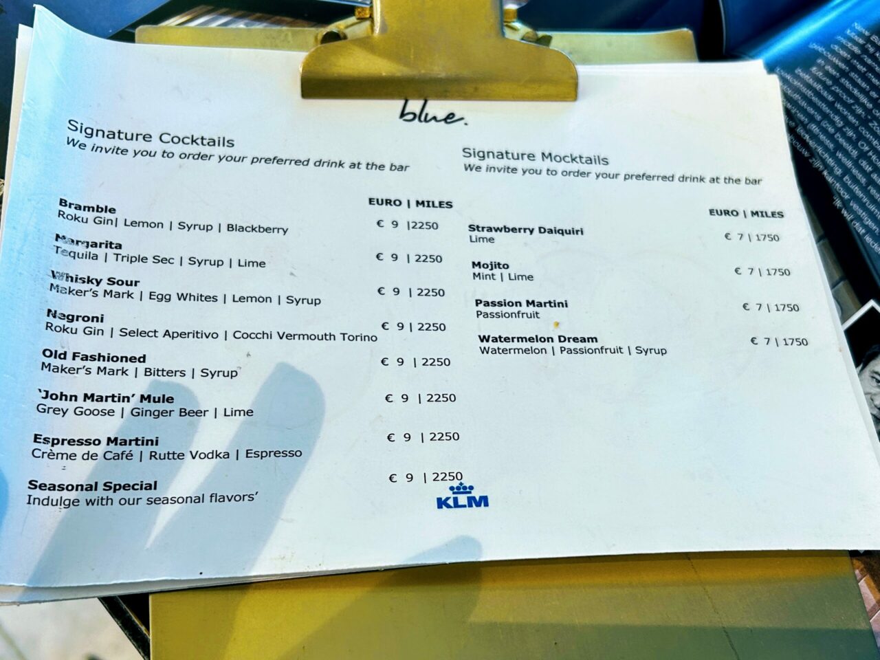 KLM'S non Schengen Crown Lounge menu