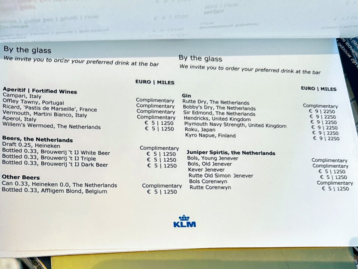 KLM'S non Schengen Crown Lounge menu of drinks