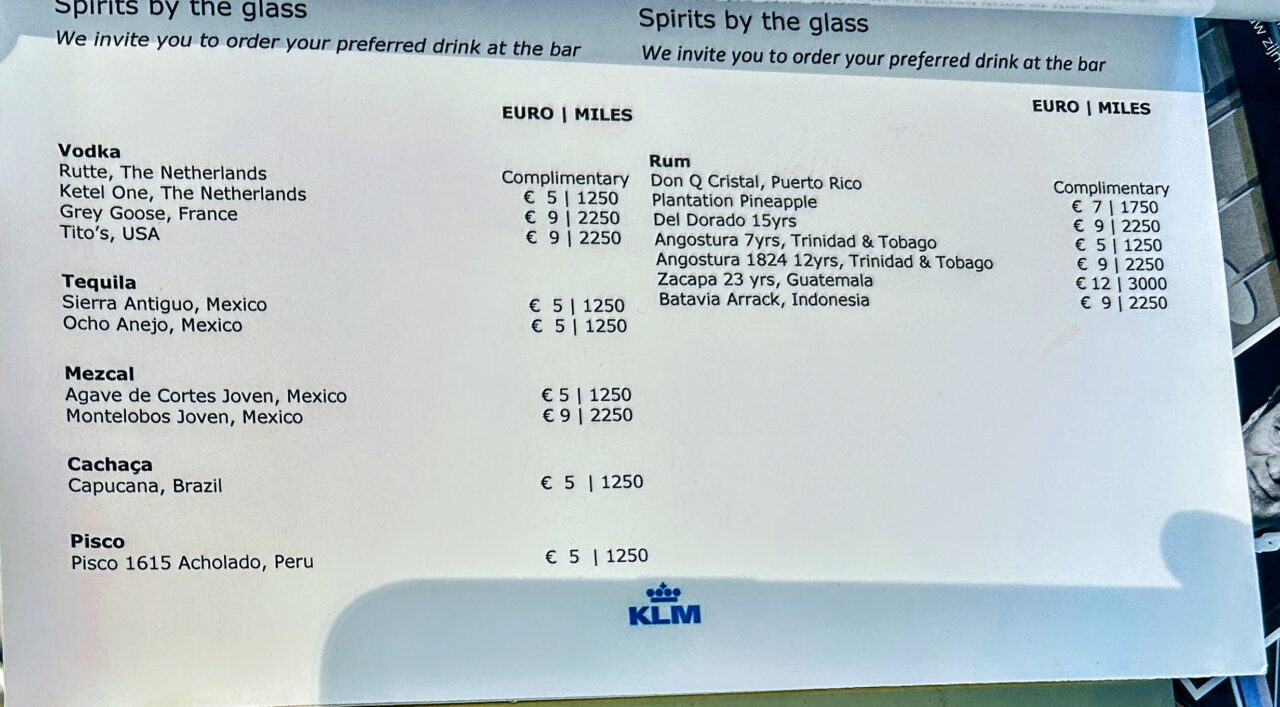 KLM'S non Schengen Crown Lounge menu