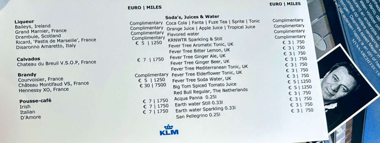 KLM'S non Schengen Crown Lounge drinks menu